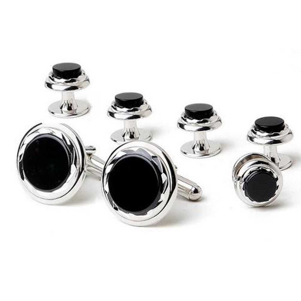 Genuine Onyx in Diamond Cut Silver Tone Trim (5 stud set) Genuine Onyx in Diamond Cut Silver Tone Trim (5 stud set)